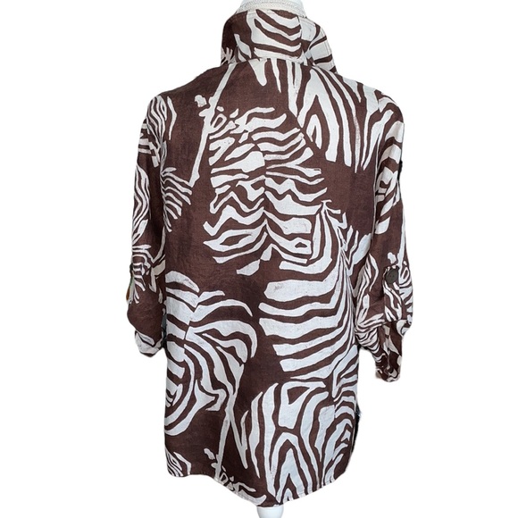 Jones New York 100% Linen Jacket Chocolate Brown & White Leaf Print Size S - Picture 2 of 8